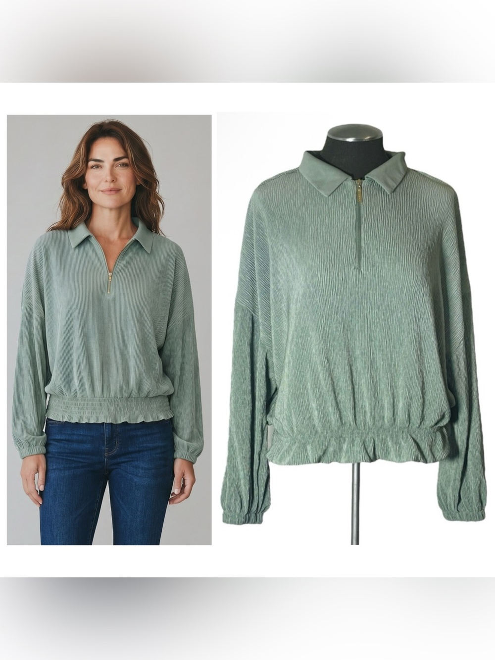 🆕 Marc New York – Ribbed Zip Front Long Sleeve Sweatshirt - Sage Green – Small